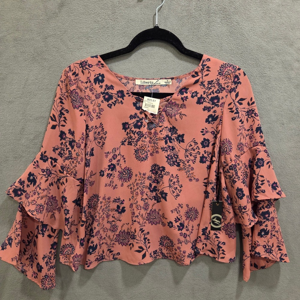 Liberty Love Floral Blouse Women's Size Small Boho Bell Sleeve Ruffle Cottage